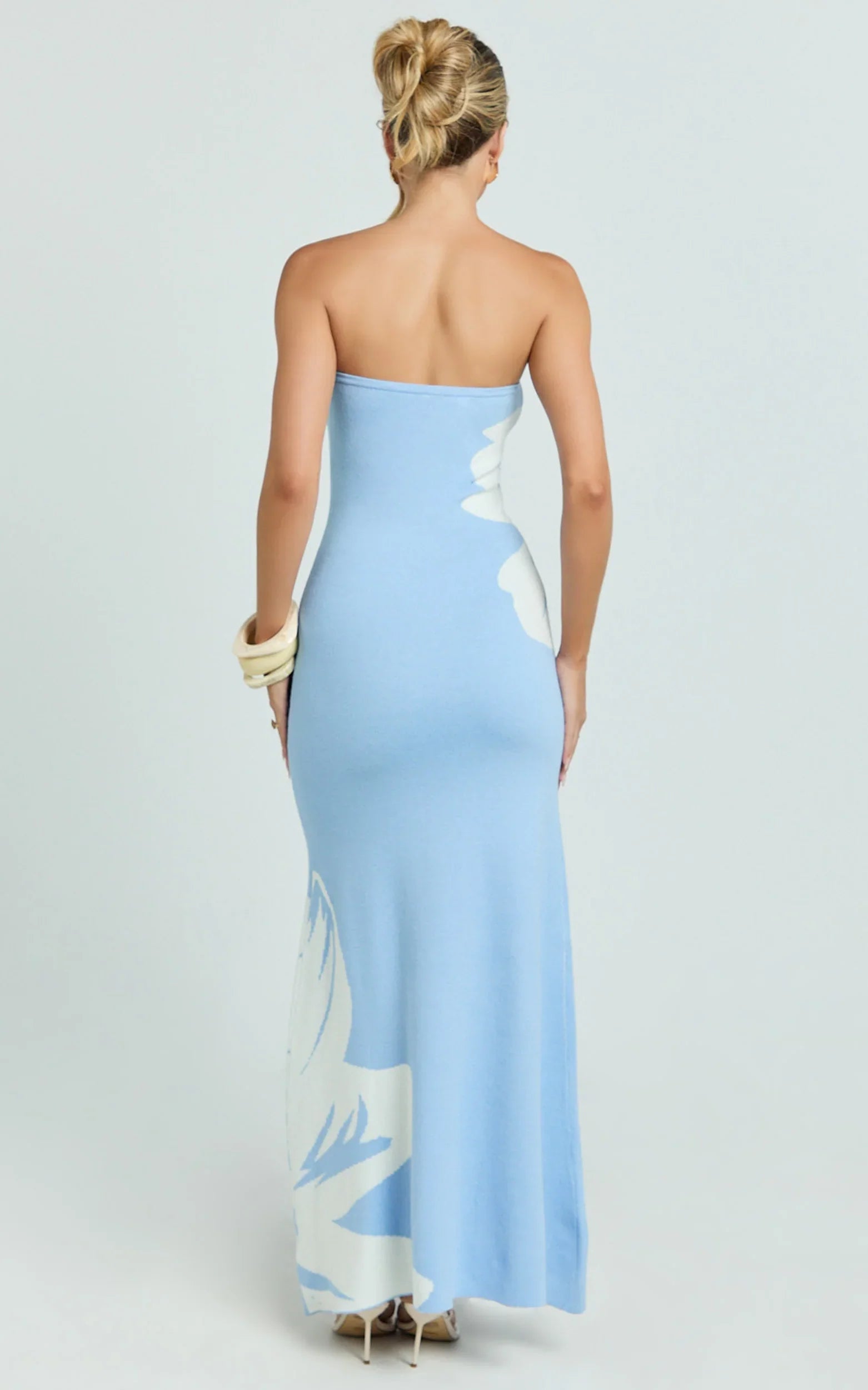 Amy Midi Dress Knit Strapless Column Dress in Intarsia Print