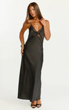 Christy Midi Dress V Neck Lace Detail Slip Dress in Black