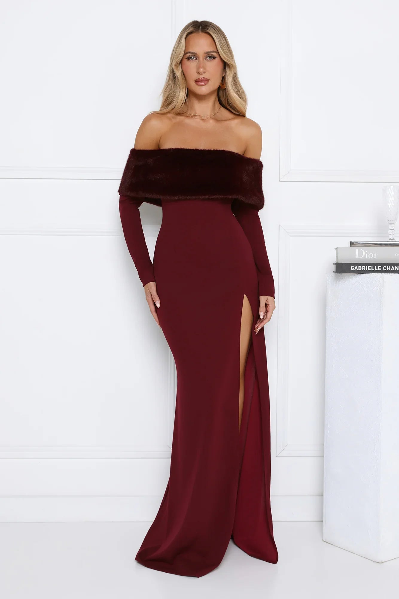 Glow In The Snow Faux Fur Off Shoulder Maxi Dress Wine