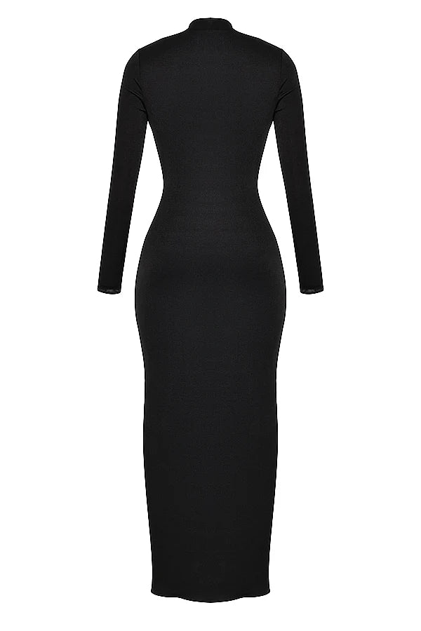 black draped maxi dress