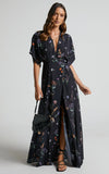 Erenza Maxi Dress Extended Sleeve Wrap Dress in Black Flower Field