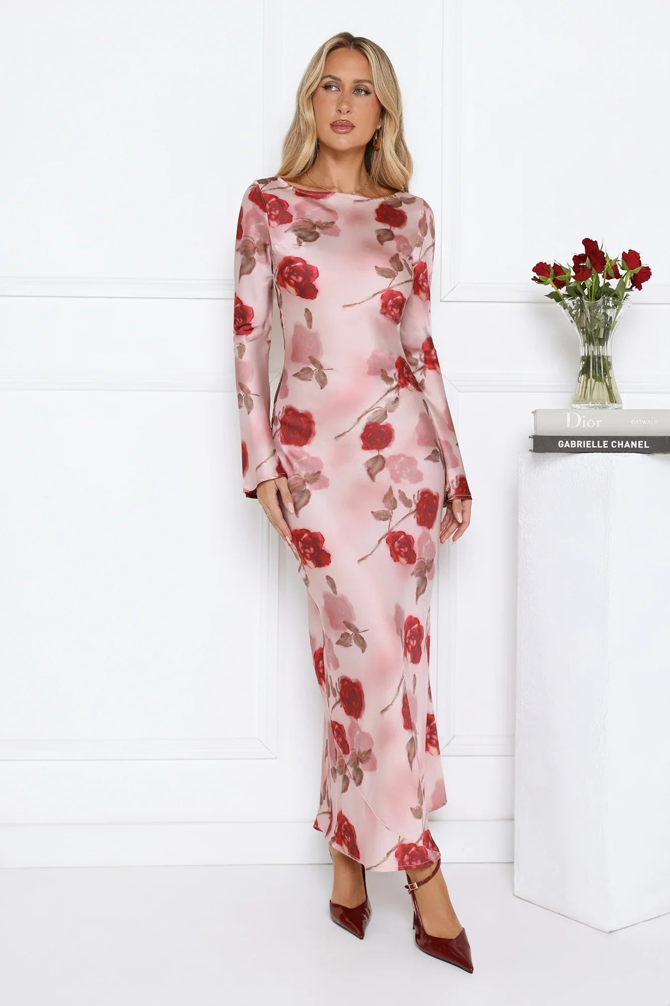 Scent Of Roses Long Sleeve Satin Maxi Dress Pink