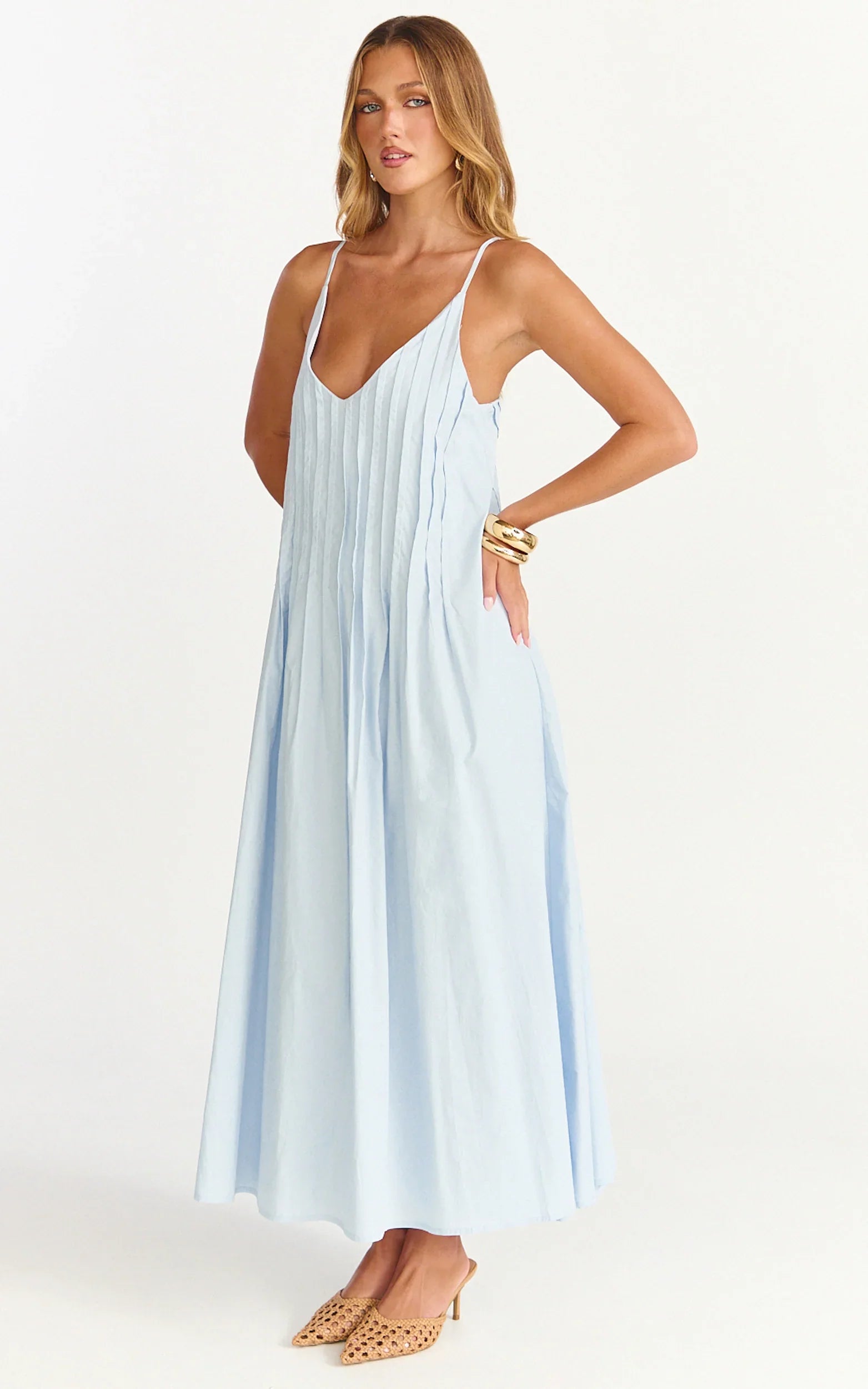Estelle Maxi Dress V Neck Pleated Dress in Blue