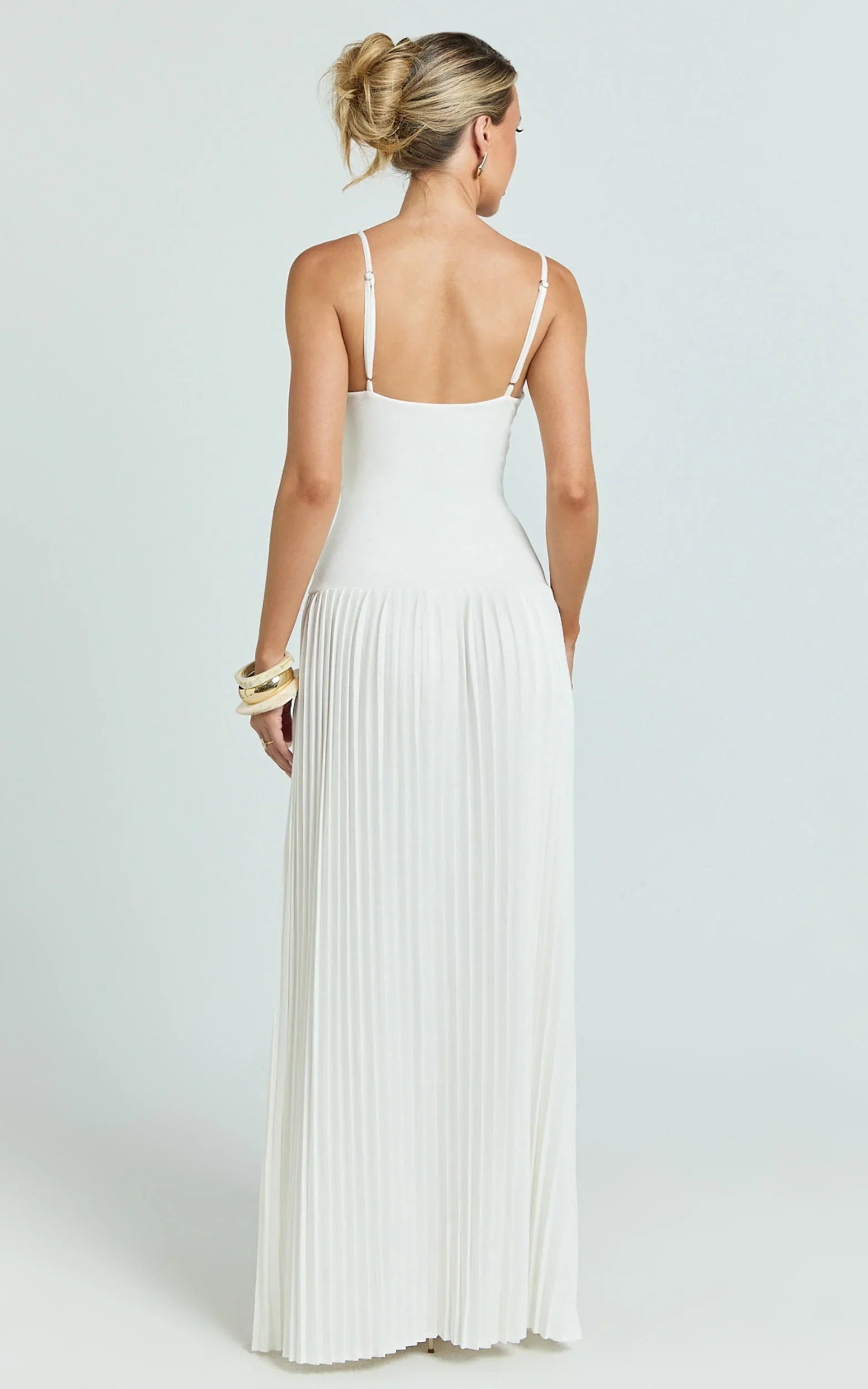 Hathaway Maxi Dress U Shaped Neck Pleated Dress in Ivory