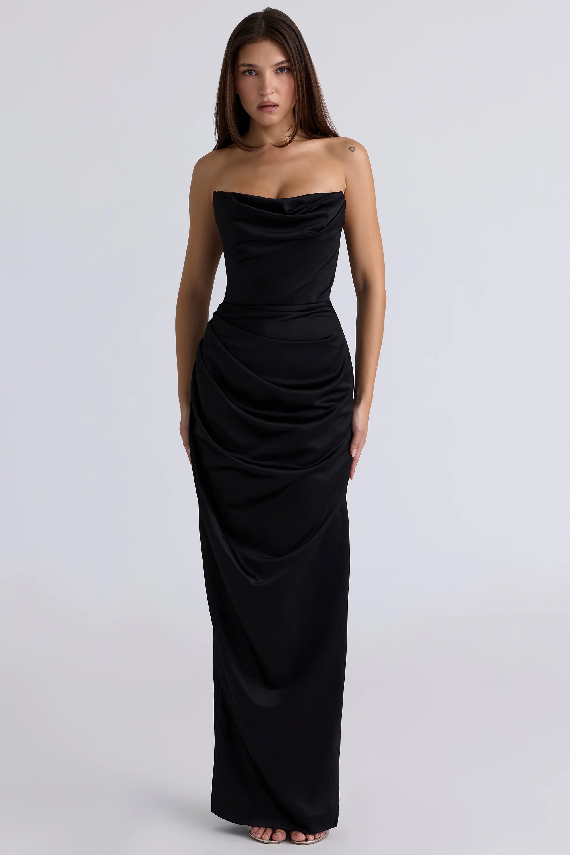 black satin strapless corset maxi