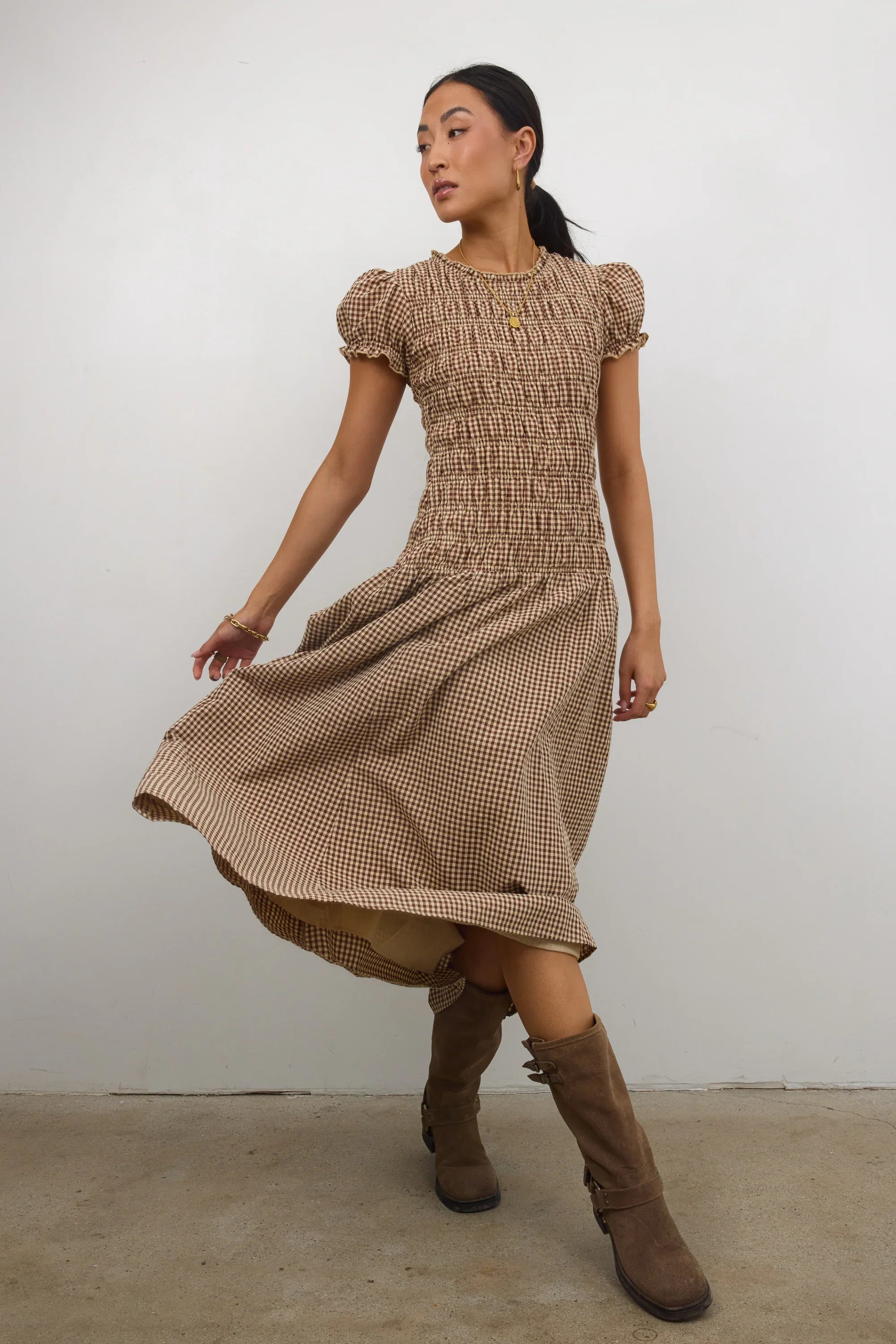 Opal Gingham Maxi Dress in Brown