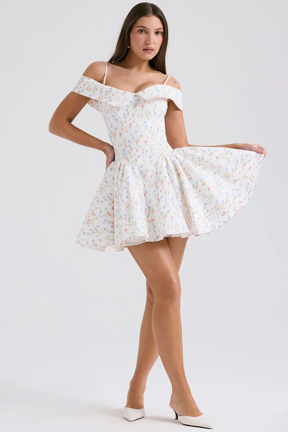 white posy print corset mini dress