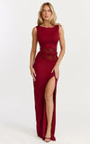 Alberta Maxi Dress Spliced Sheer Lace Column Dress in Wine