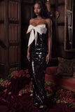 black sequin strapless bow dress