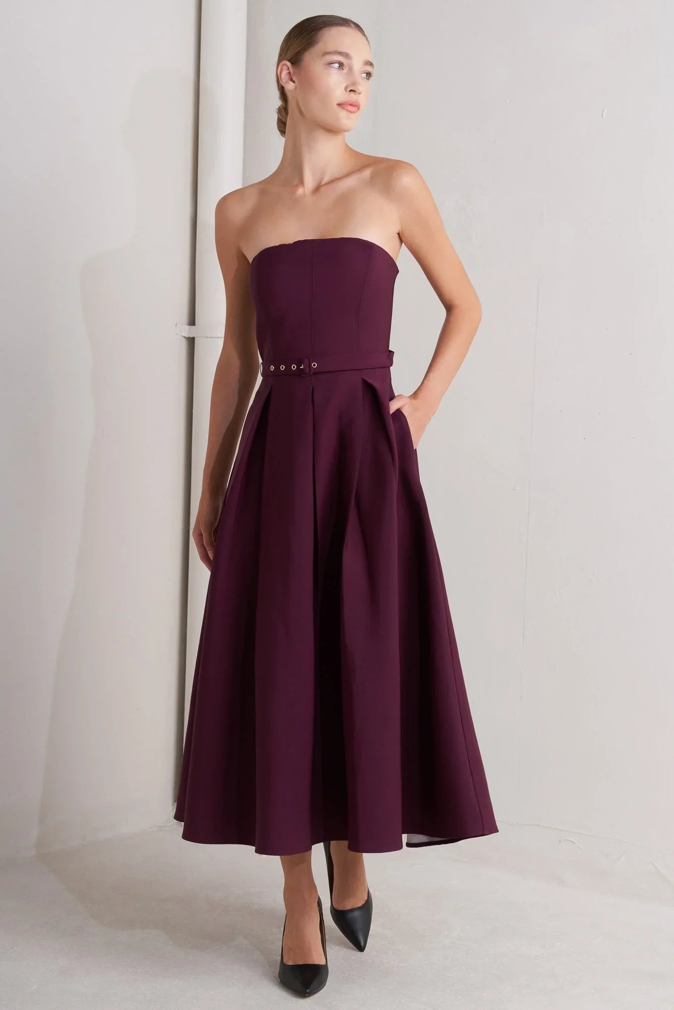 OPERA WINE BURGUNDY MIDI DRESS WITH POCKETS