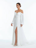 A Line Sweetheart Long Sleeves Chiffon Sweep Train Wedding Dress