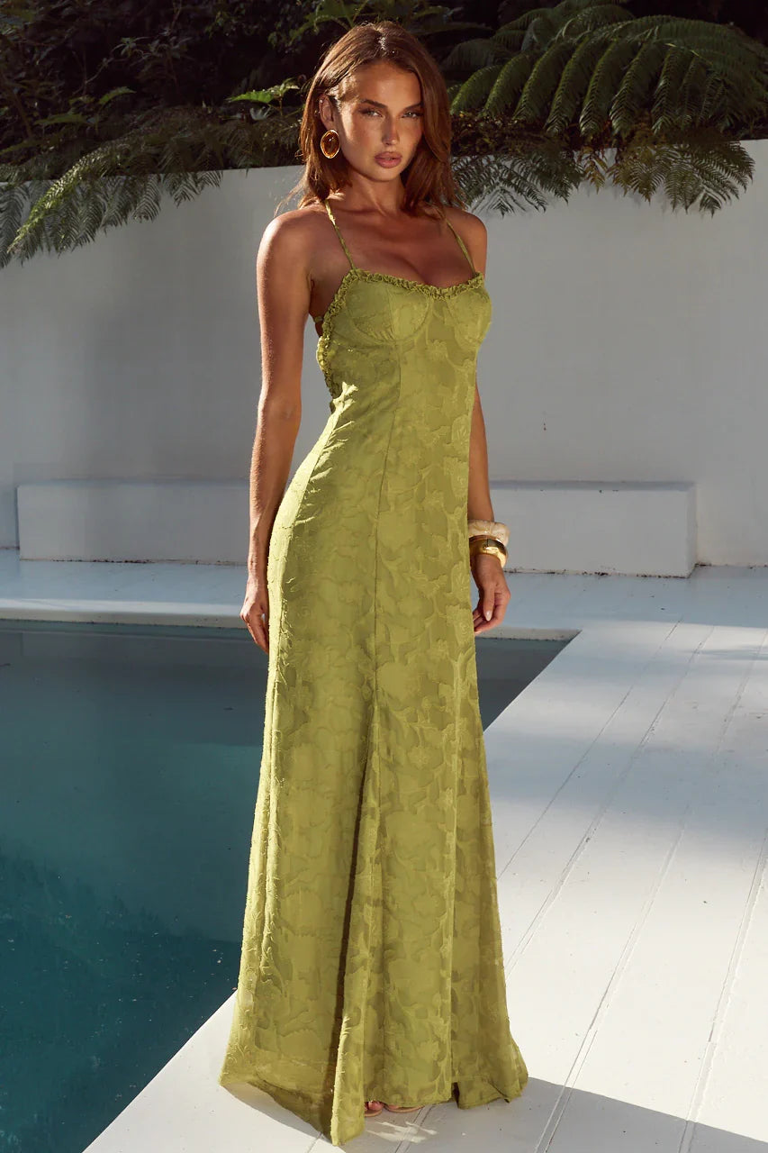 ELLERBY FRILL TRIM MAXI DRESS OLIVE