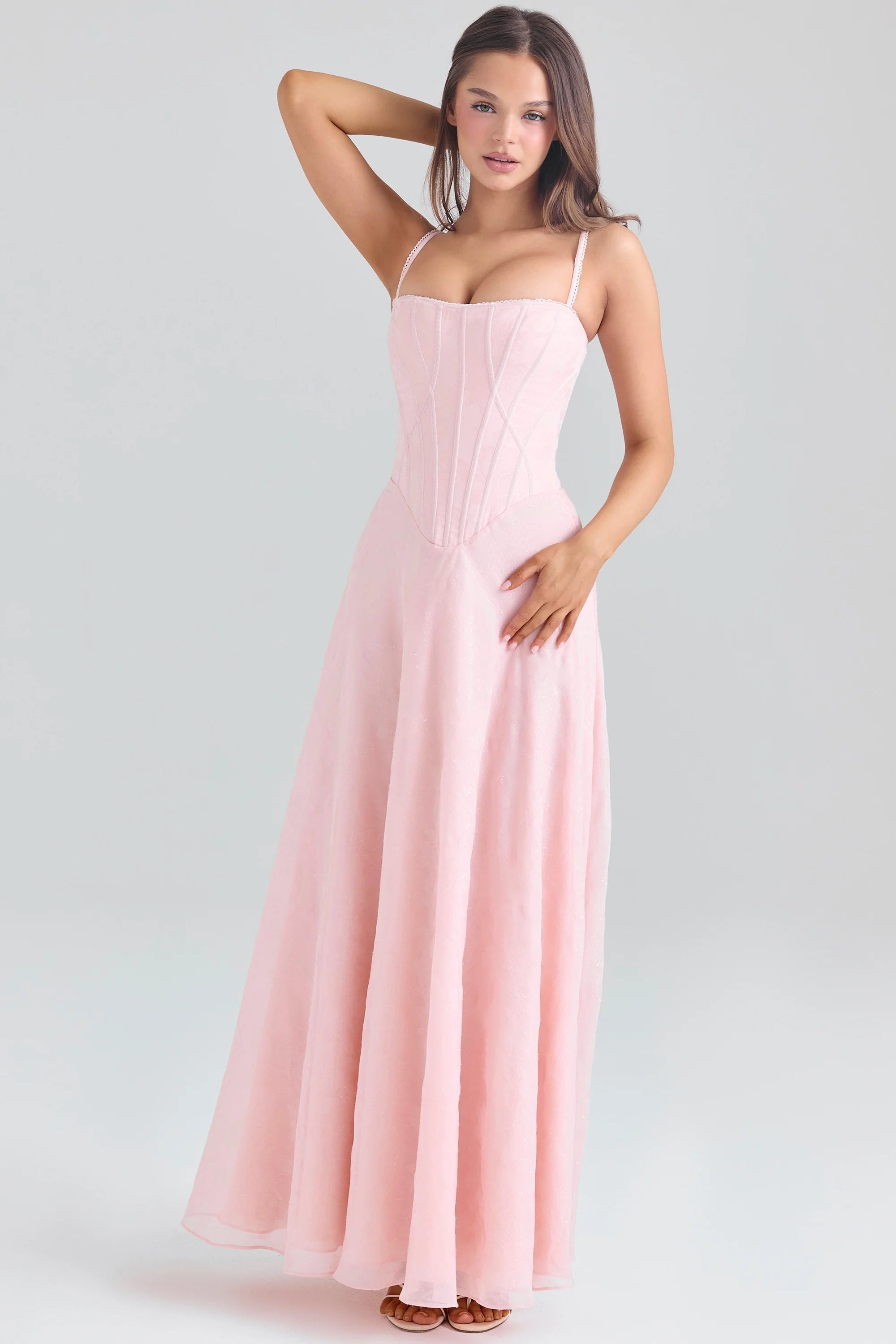 blush pink lurex chiffon maxi dress