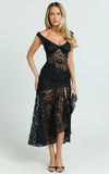 Tatum Midi Dress Lace Off Shoulder Side Split Dress in Black