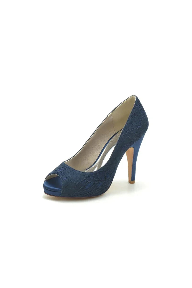 Navy Blue Lace Fishmouth High Heels