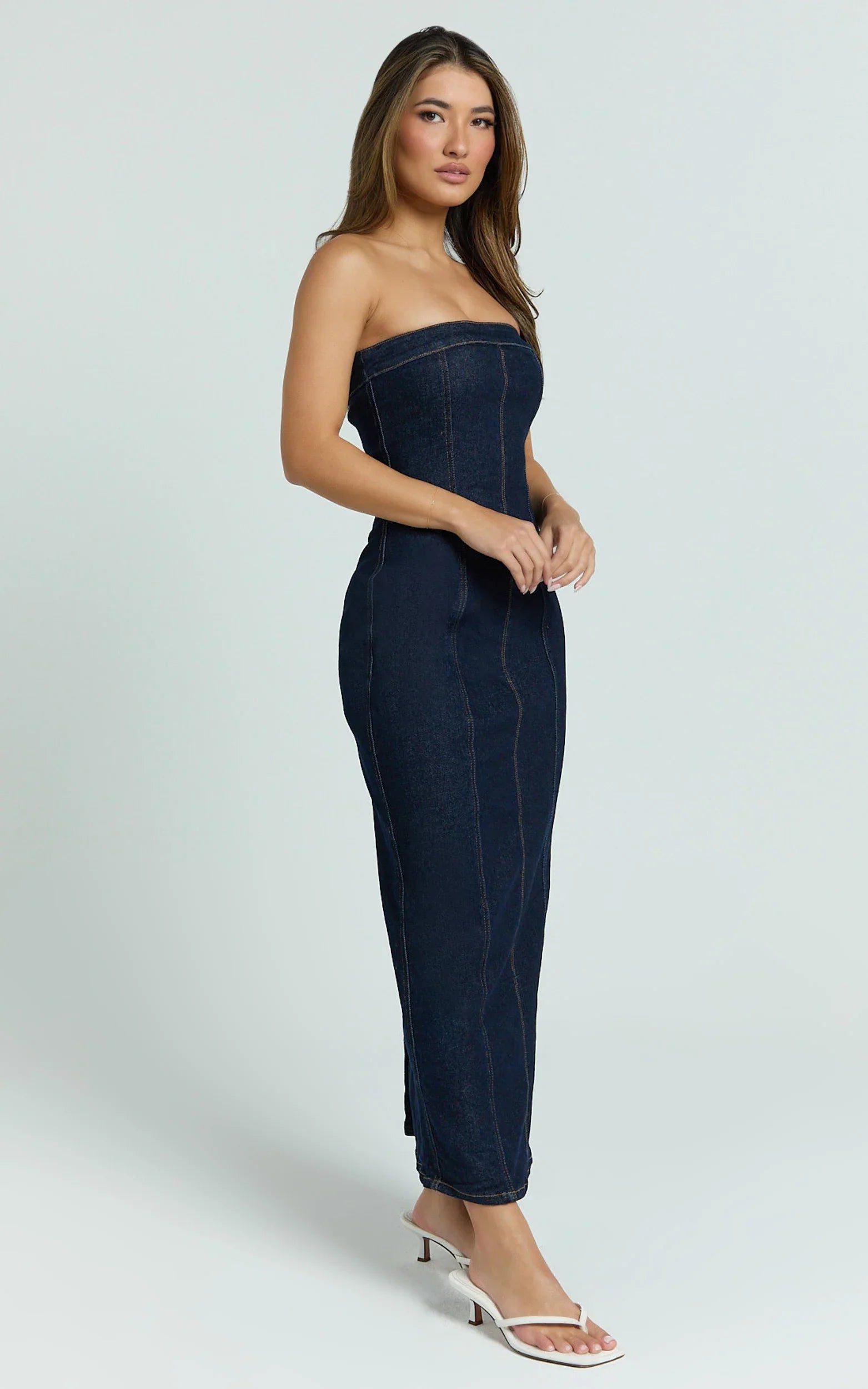 Keziah Maxi Dress Denim Strapless Bodycon Dress in Indigo Wash