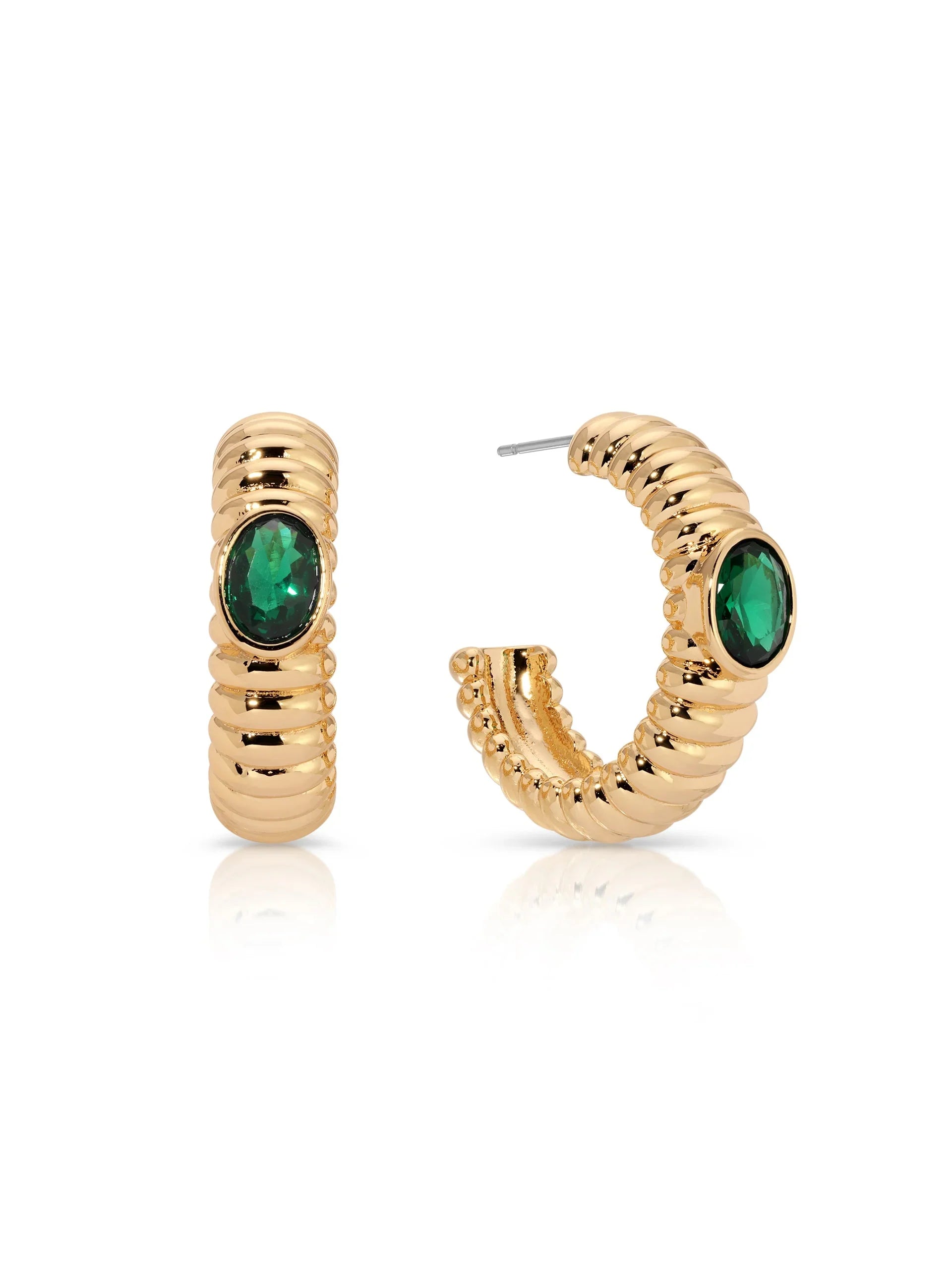 Ribbed Emerald Large Hoops