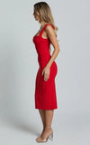 Tiffy Midi Dress Square Neck Ruched Bodycon Dress in Scarlet