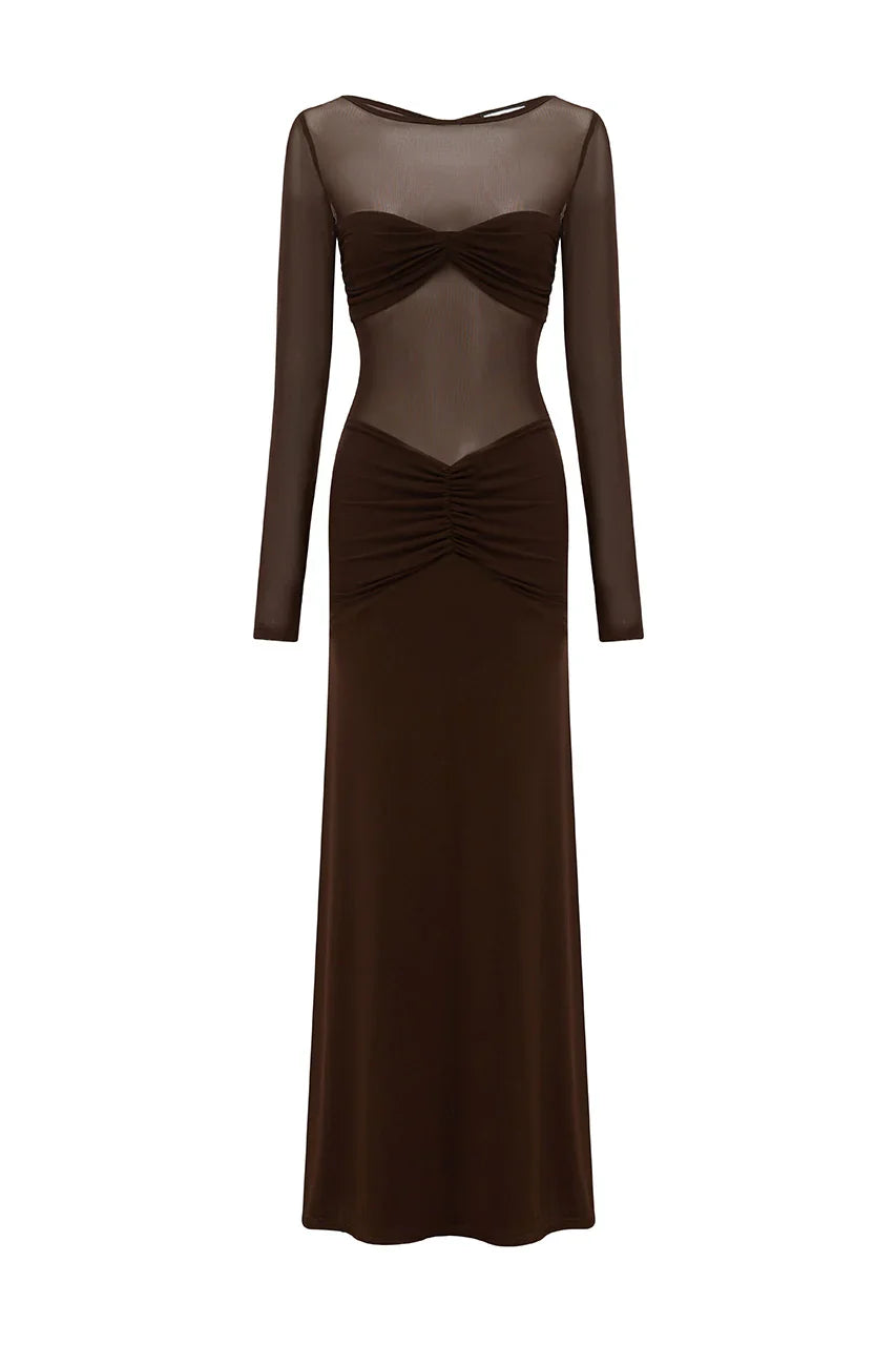 ROMY SLEEVED RUCHED MAXI DRESS BITTER CHOCOLATE