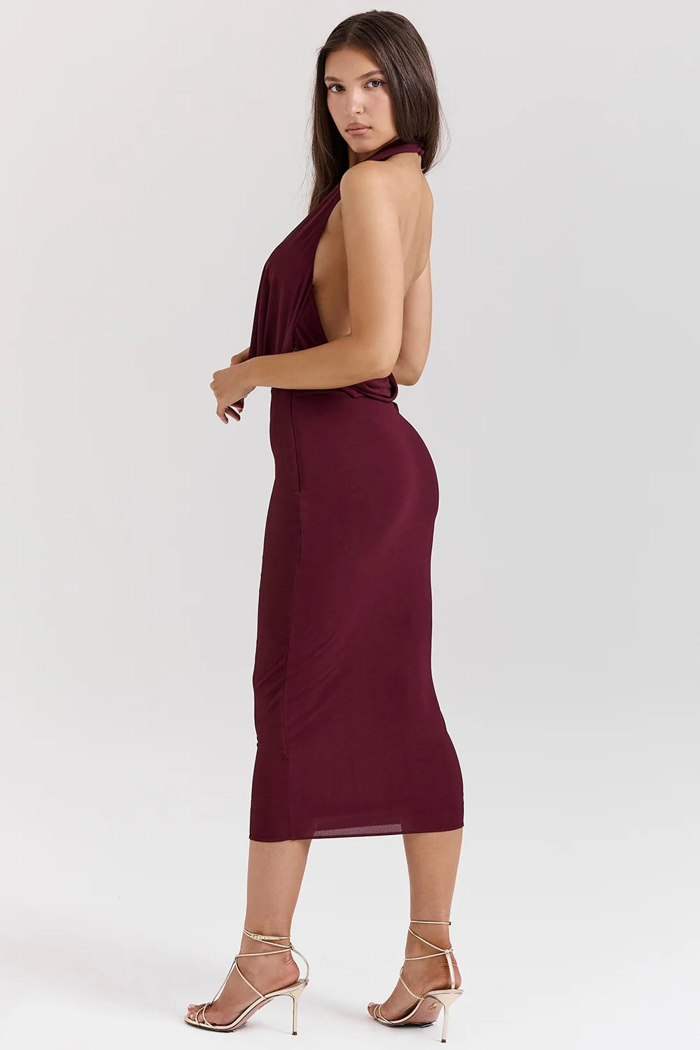 merlot draped midi dress