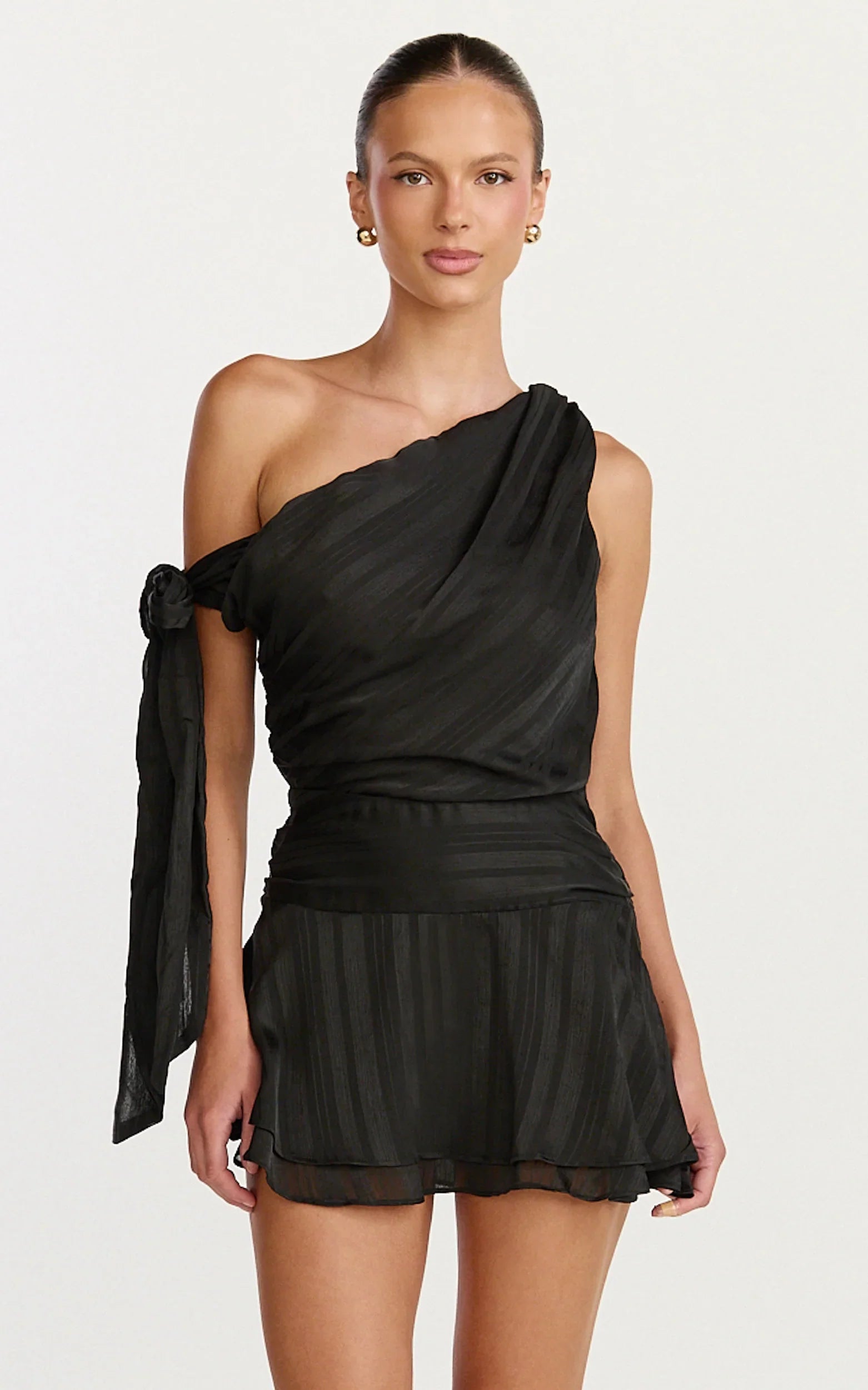 Giselle Mini Dress Asymmetrical One Shoulder Tie Detail Dress in Black