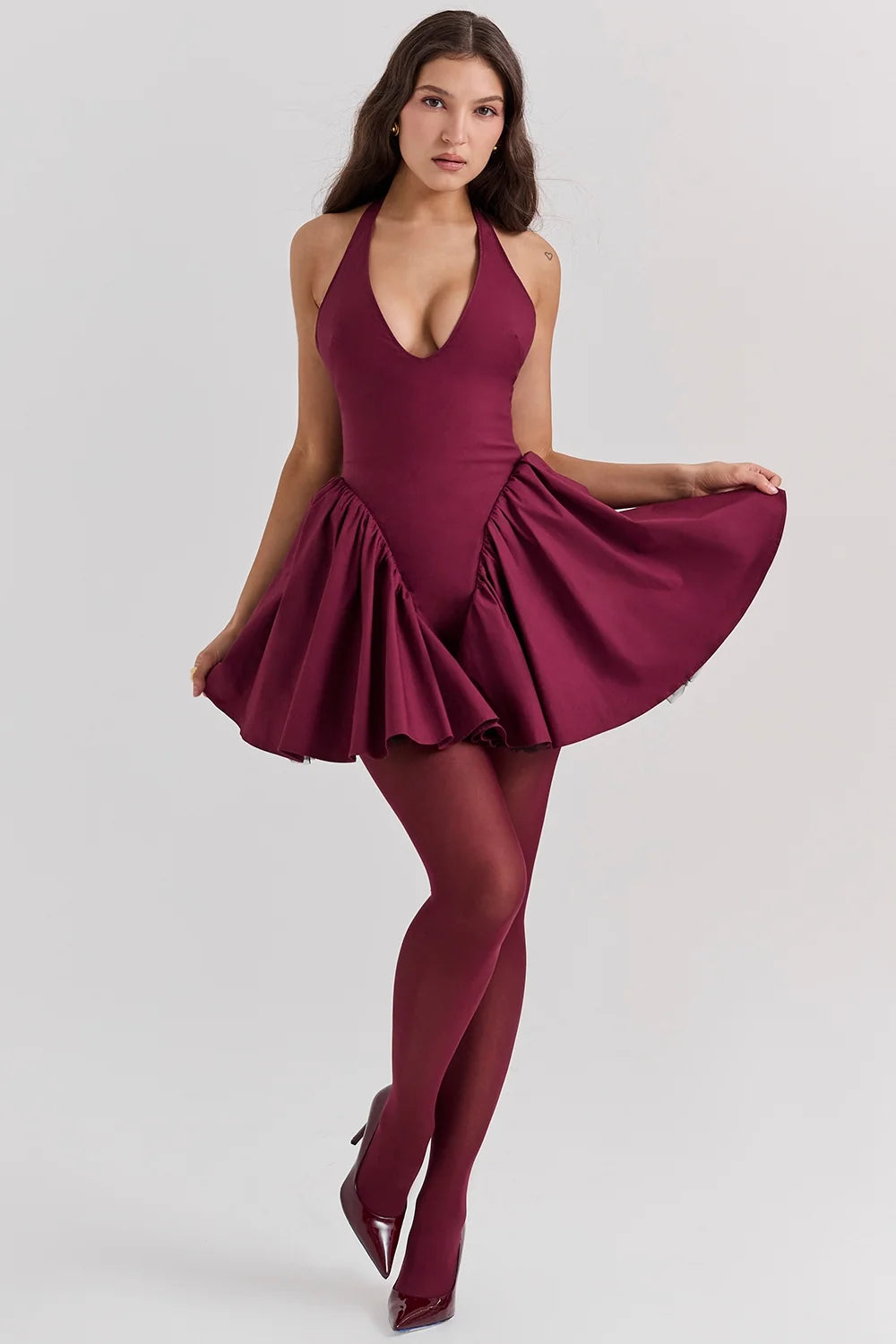 wine halter mini dress