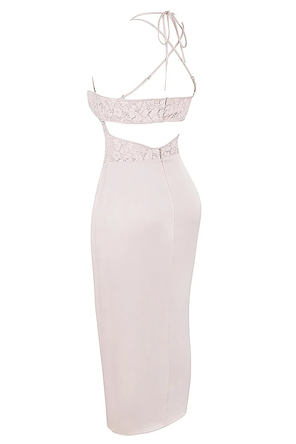 crystal satin and lace midi dress