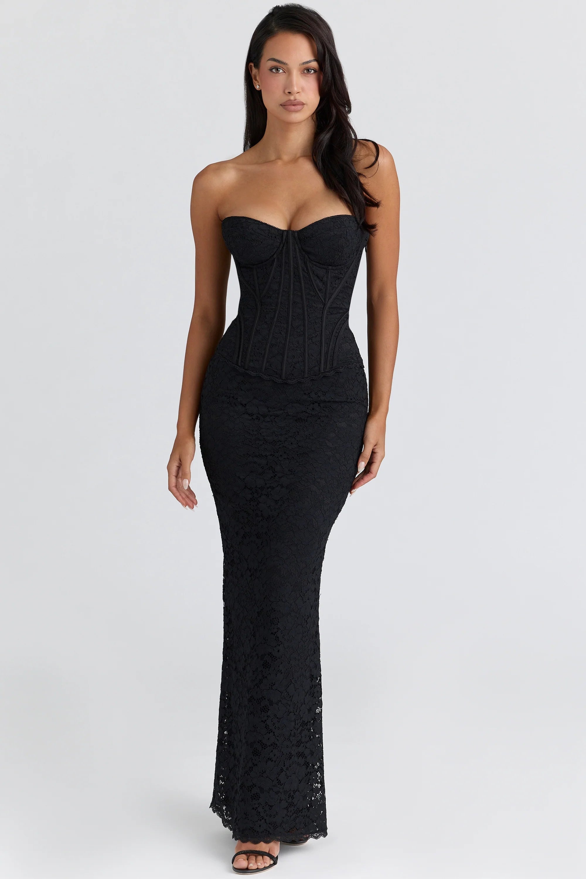 black lace corset maxi dress