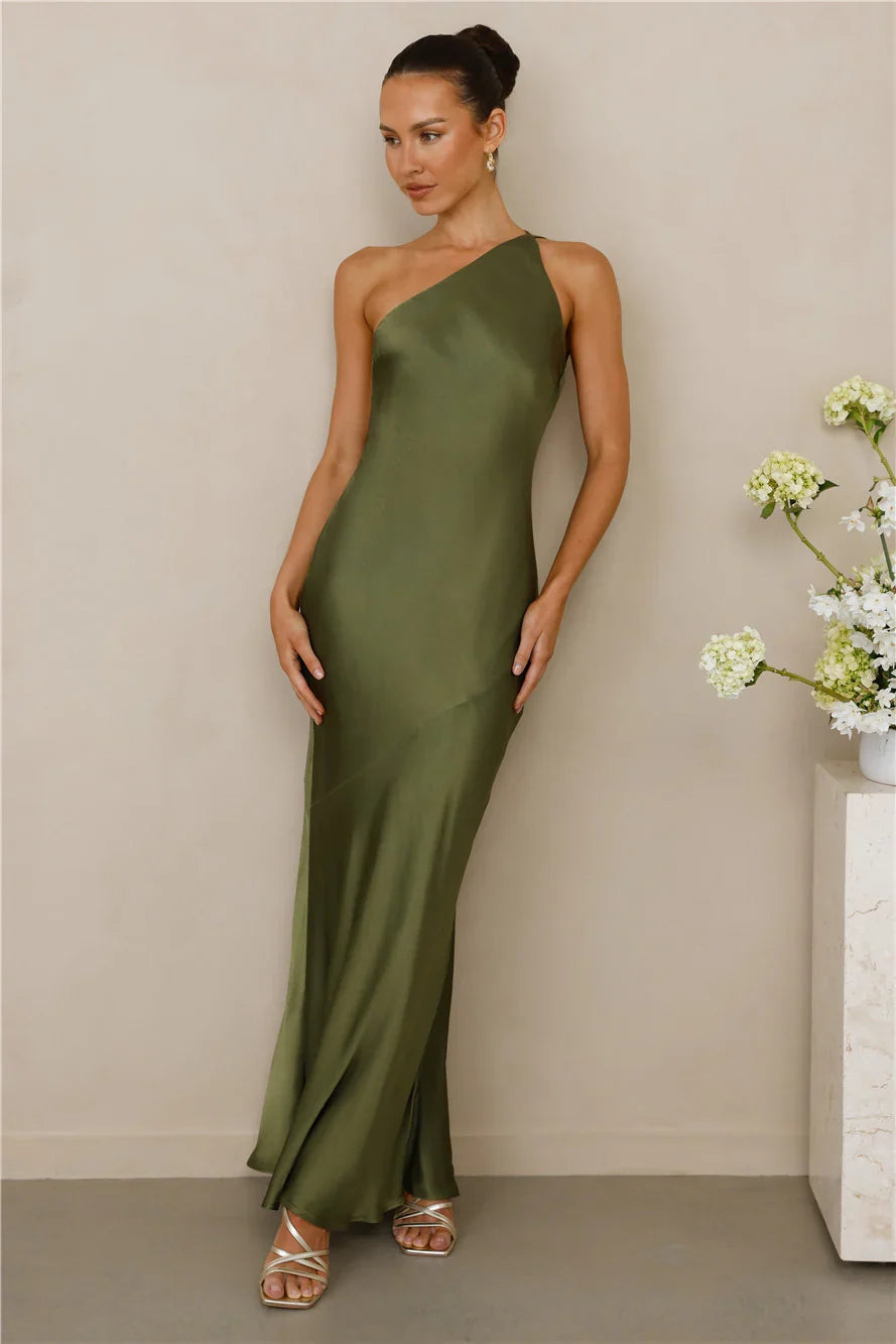 The Evangeline One Shoulder Satin Maxi Dress Olive