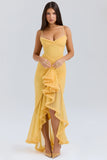 apricot ruffled front gown