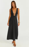 Silvena Midi Dress Plunge Neckline Tie Front A Line Dress in Black