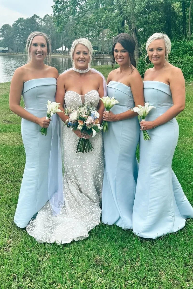 Strapless Aqua Blue Mermaid Satin Long Bridesmaid Dress