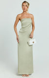 Laurie Maxi Dress Strapless Draped Satin Dress in Light Olive