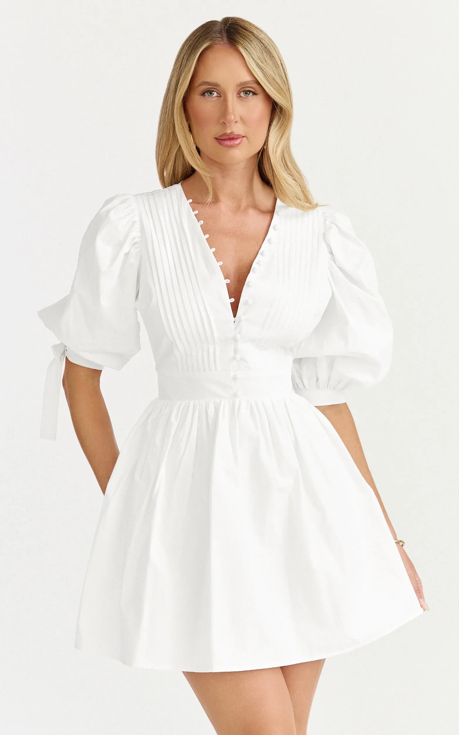 Zandra Mini Dress Puff Sleeve Poplin Dress in White