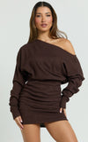 Alyce Mini Dress Long Sleeve One Shoulder Dress in Chocolate