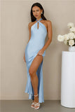 The Delilah Satin Halter Maxi Dress Blue