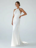 Sheath Satin Backless Halter Wedding Dress