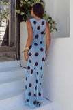 TERA HIGH NECK MAXI DRESS SKY BLUE CHOC POLKA