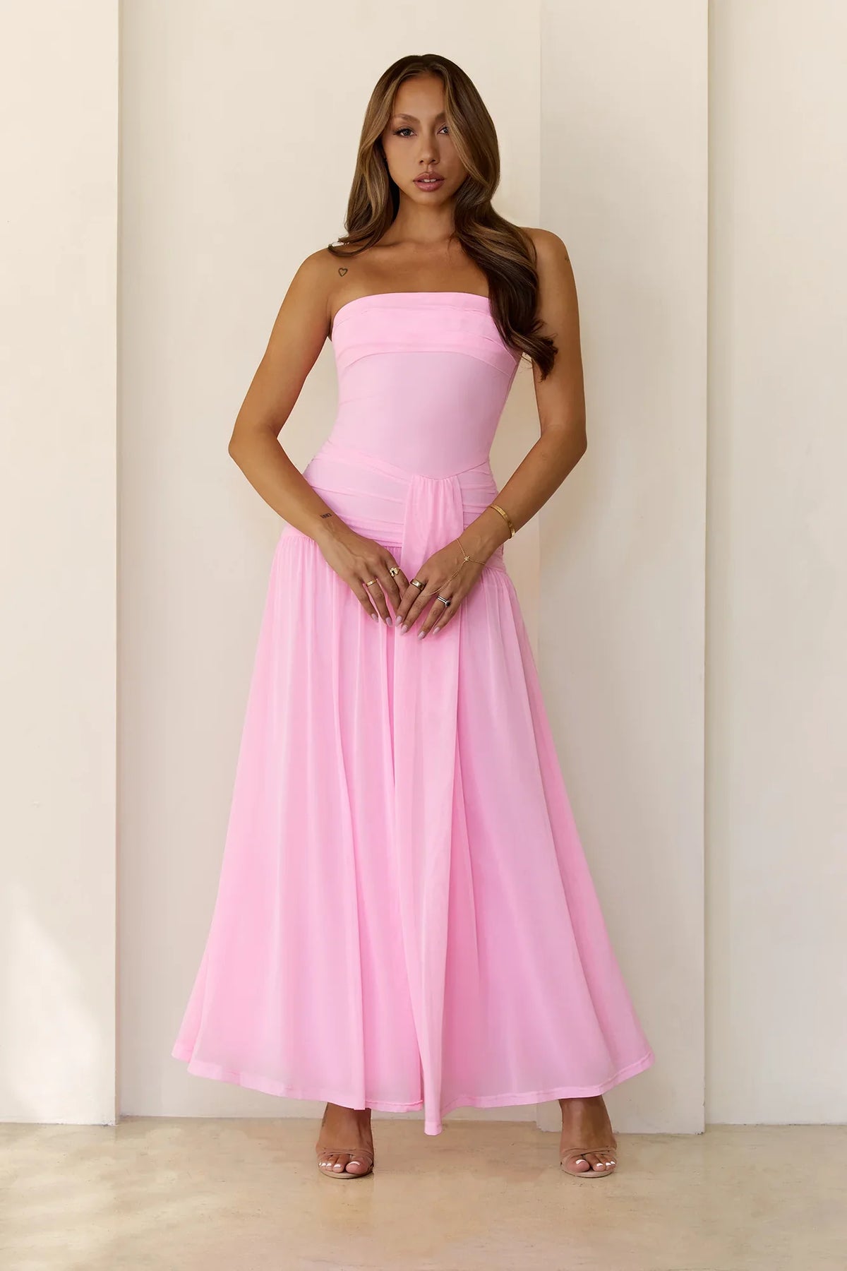 Spark Night Strapless Mesh Maxi Dress Pink