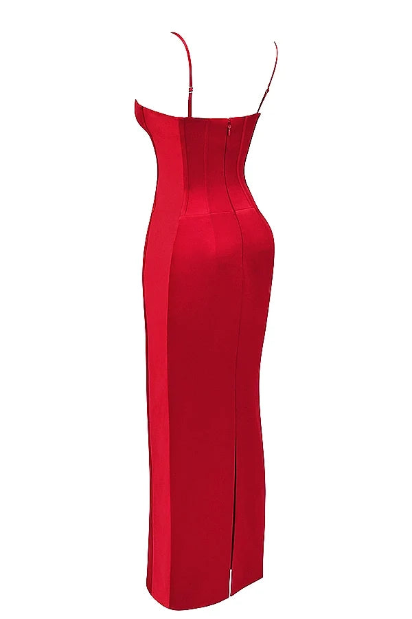 red satin corset maxi dress