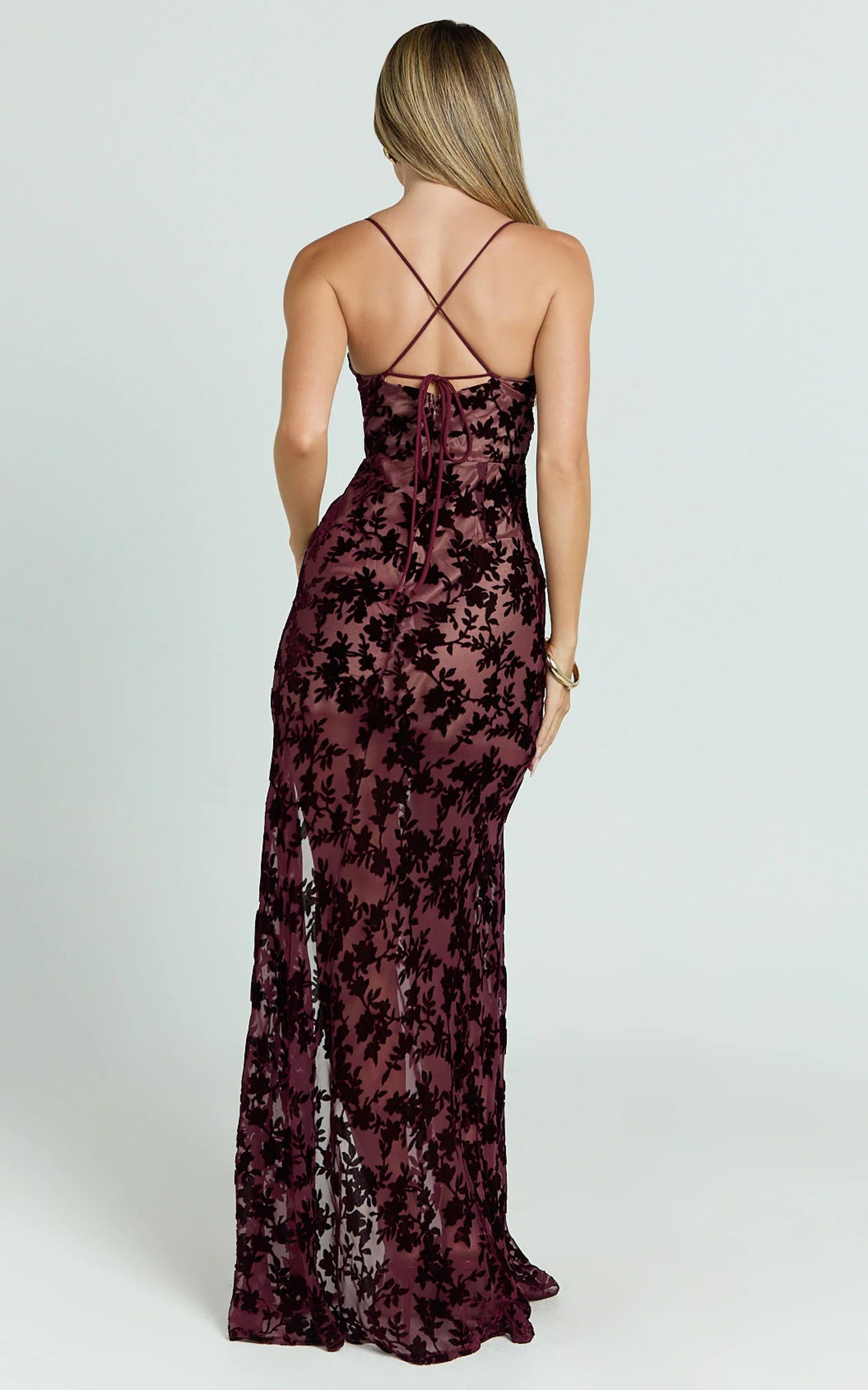 Violeta Maxi Dress Corset Front Burnout Dress in Wine