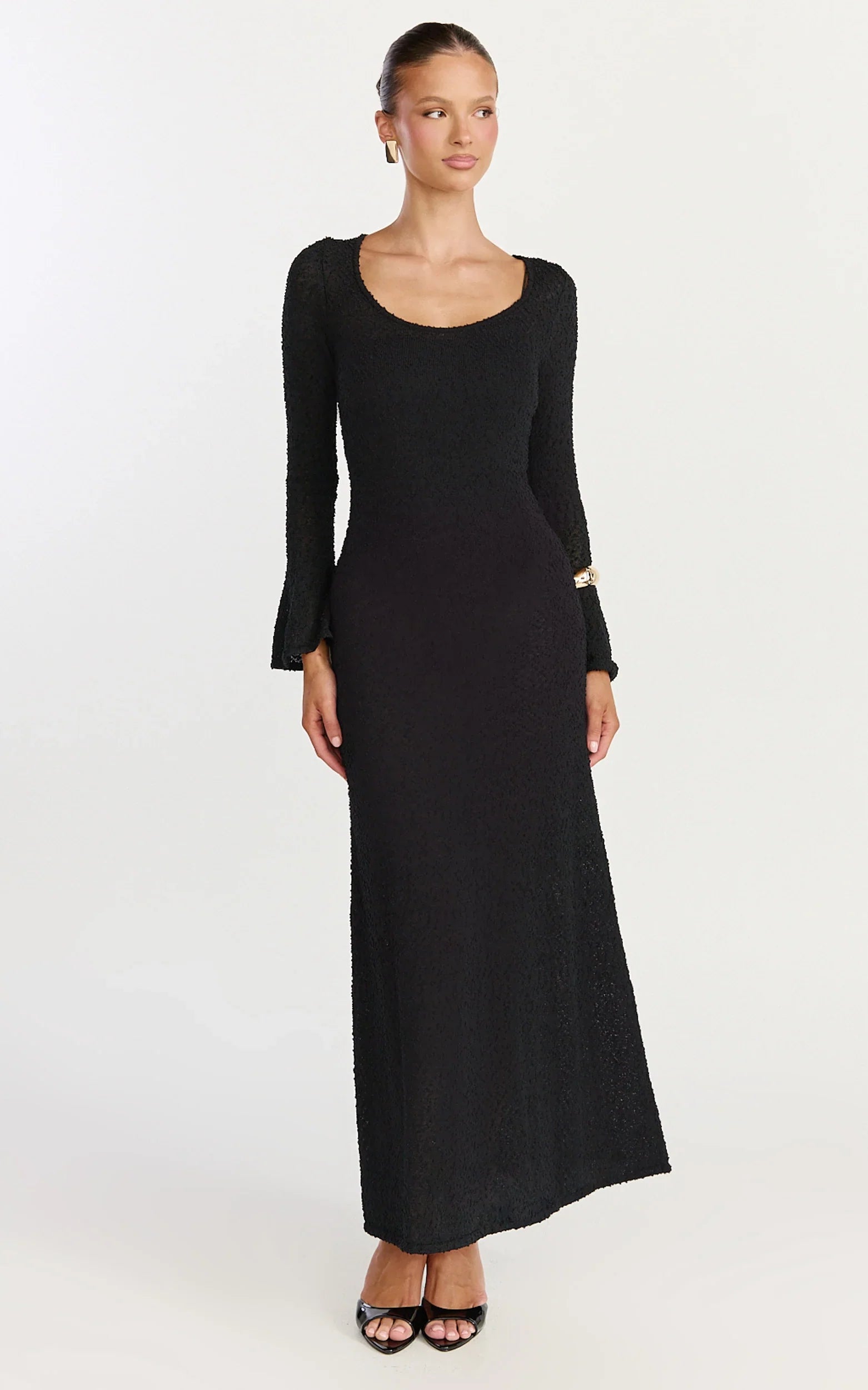 Michelle Maxi Dress Scoop Neck Flute Sleeve Knit Maxi Dress in Black
