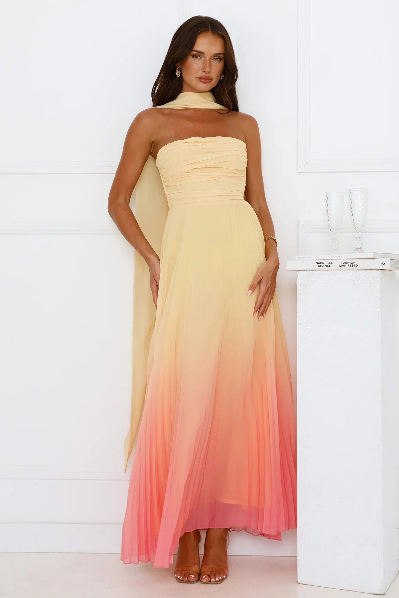 Sunset Magic Strapless Pleated Maxi Dress Yellow