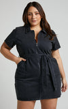Nandini Mini Dress Hardware Zip Through Denim Dress in Black Wash