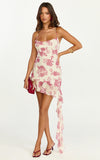 Lila Mini Dress Cowl Neck Asymmetric Frill Skirt Dress in Toile De Joie Print