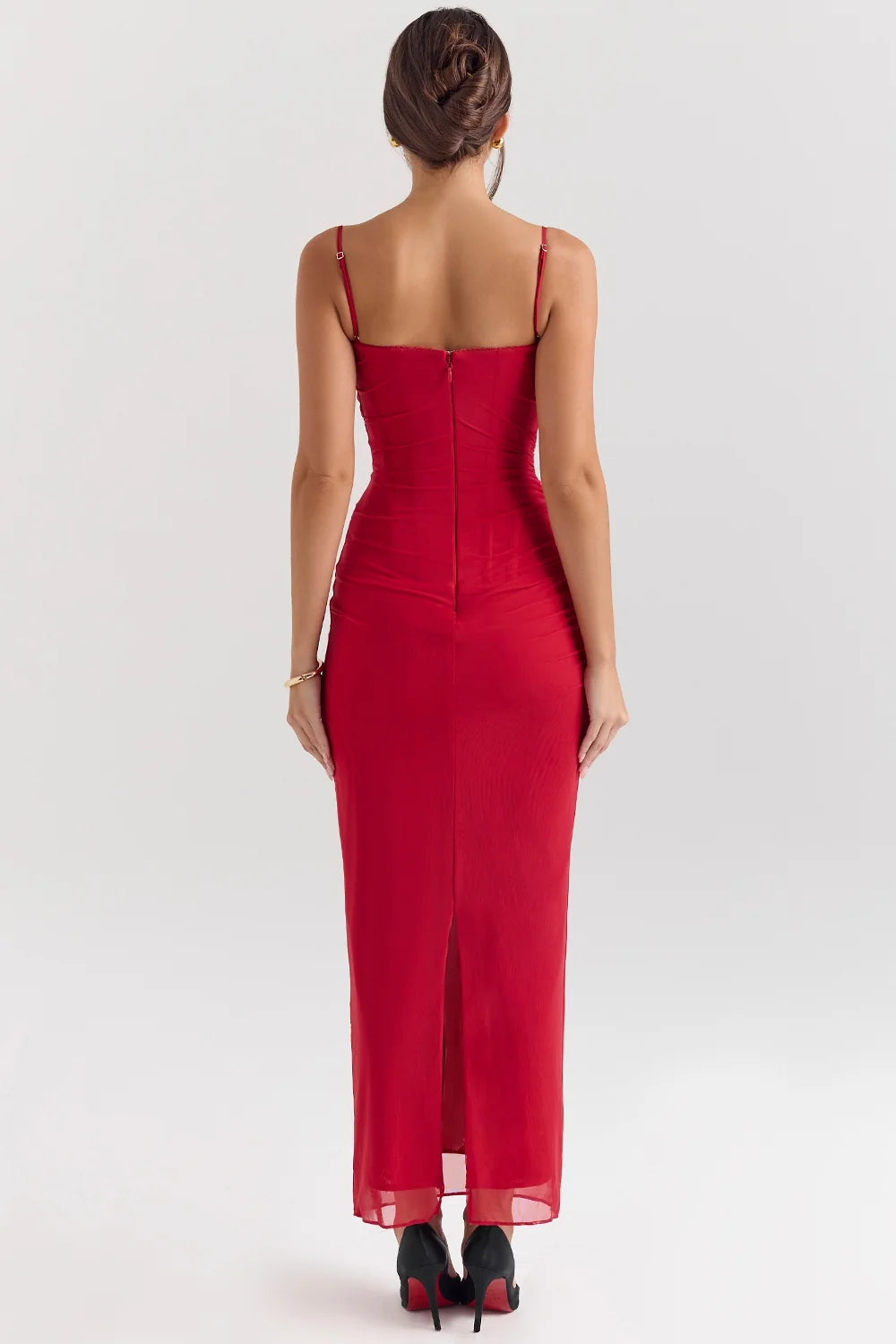 holly red stretch mesh corset maxi dress