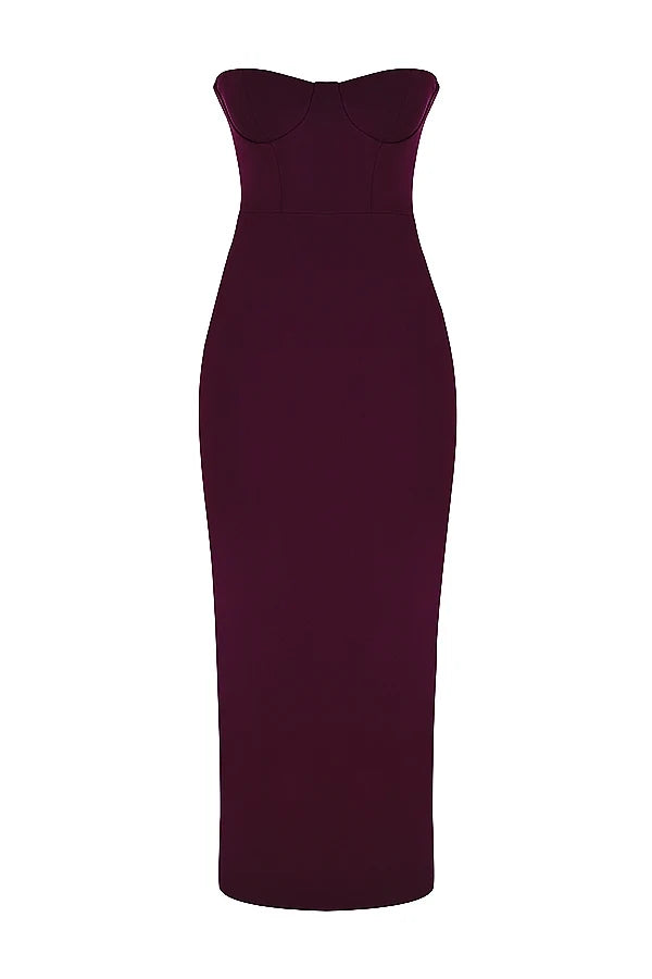 grape strapless corset maxi dress