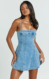 Sally Mini Dress Straight Neck Fit and Flare Denim Dress in Mid Blue Wash