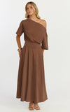 Tami Midi Dress Off Shoulder Dress in Chocolate
