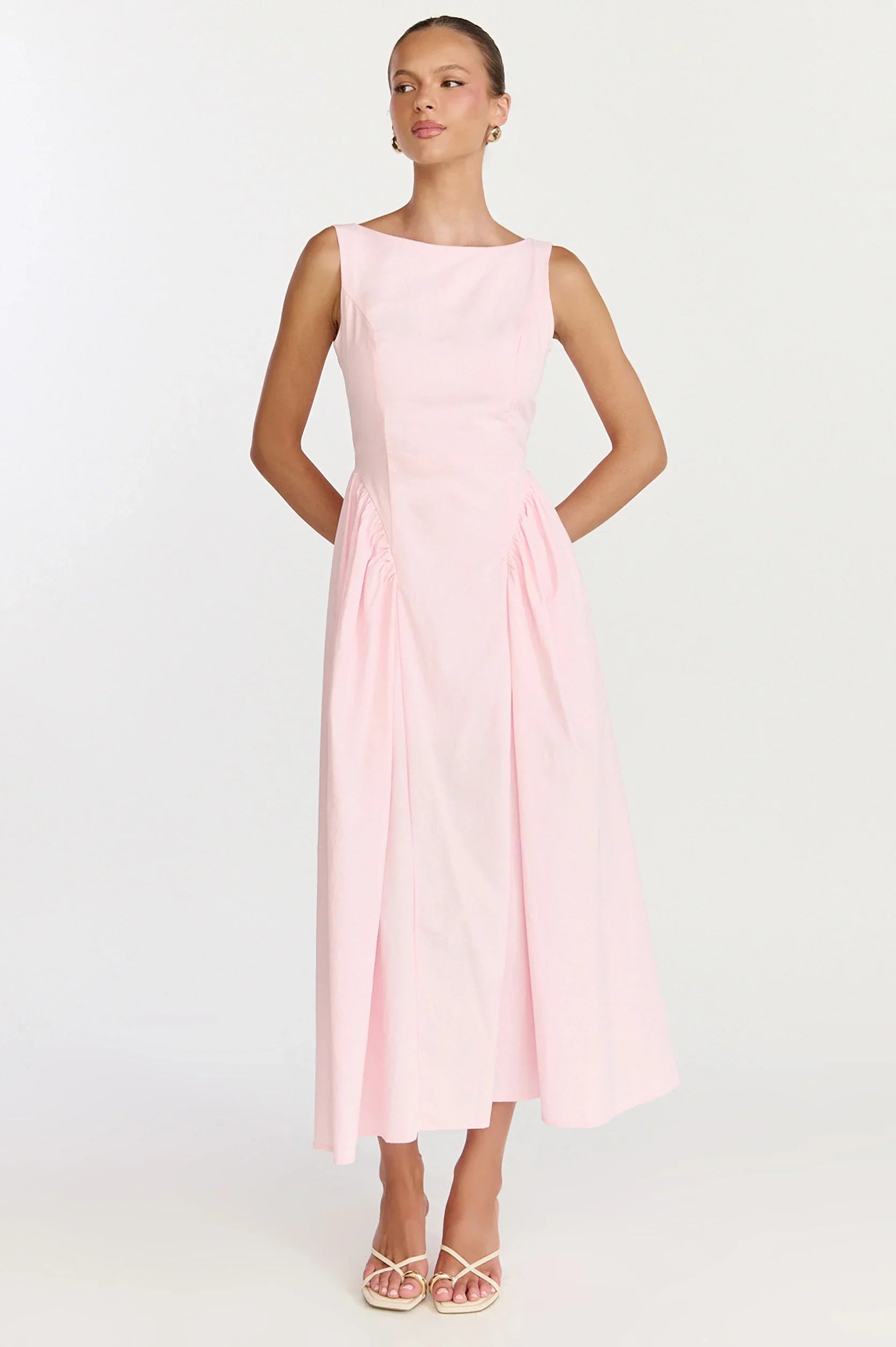 Casina Midi Dress Boat Neck Tie Back Fit And Flare Dress in Pale Pink
